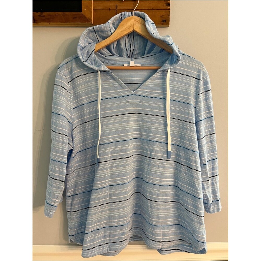Talbots Terry Cloth Hoodie Blue Striped Beach Coverup Pullover Coastal Cottage
